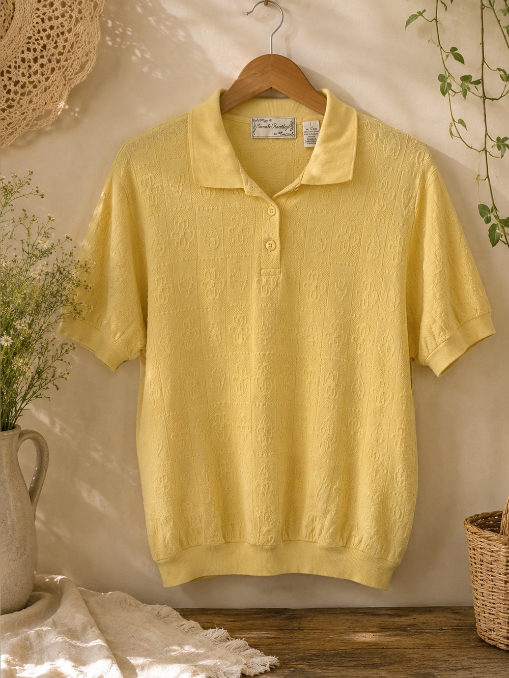 Vintage Sarah Bentley Yellow Textured Polo Top Embossed Floral Size L